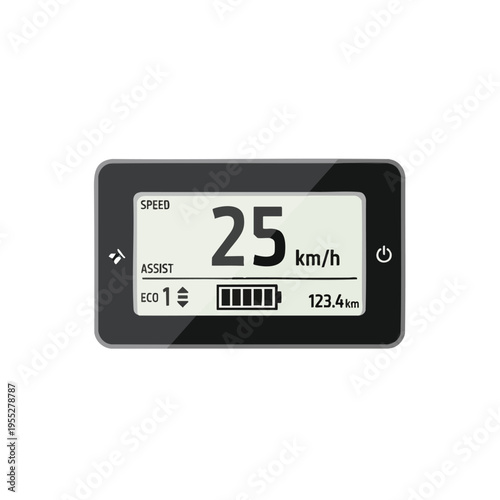 Digital display shows speed 25 km/h, assist level ECO 1, battery, and 123.4 km distance