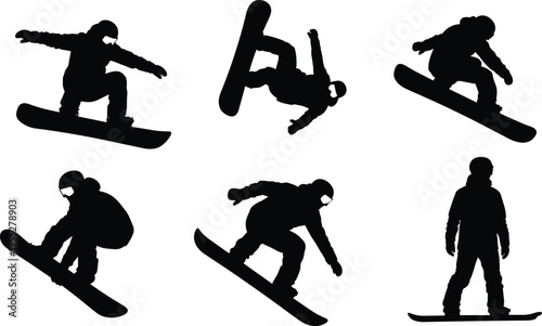 Extreme snowboarding silhouettes collection, winter sports athlete in motion, active snowboarder jumping and riding vector illustration isolated for design