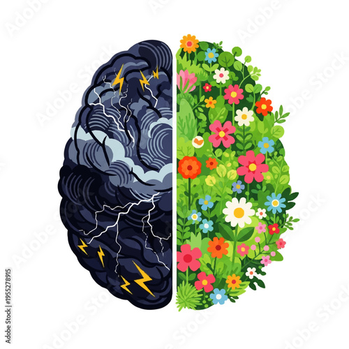 Contrast between a stormy, dark brain hemisphere and a bright, floral one, representing duality and balance