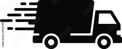 Fast delivery truck silhouette with motion lines, express shipping courier van, logistics transport service icon, isolated vector illustration, cargo.
