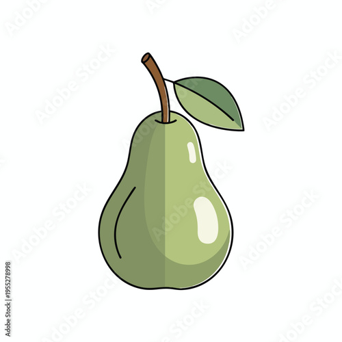 A simple drawing of a green pear with a brown stem and a green leaf