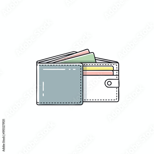 A minimalist cartoon wallet with colorful inserts and a snap closure