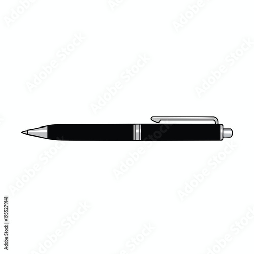 Sleek black ballpoint pen with a metallic tip, clip, and thin colored bands