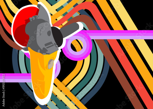 Retro 70s Background with Angle grinder. Groovy Power Tool 1970s art template. Minimalistic Vintage design poster. Old-fashioned color artwork.