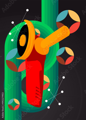 Retro 70s Background with Angle grinder. Groovy Power Tool 1970s art template. Minimalistic Vintage design poster. Old-fashioned color artwork.