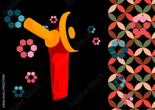 Retro 70s Background with Angle grinder. Groovy Power Tool 1970s art template. Minimalistic Vintage design poster. Old-fashioned color artwork.