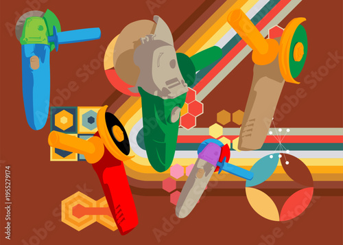 Retro 70s Background with Angle grinder. Groovy Power Tool 1970s art template. Minimalistic Vintage design poster. Old-fashioned color artwork.
