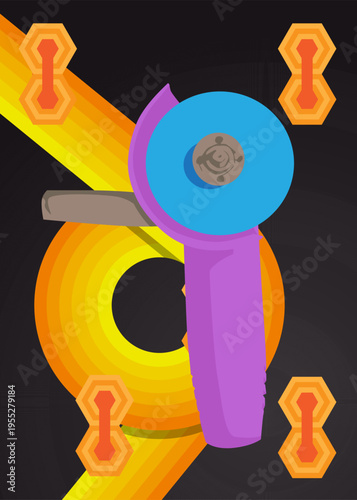 Retro 70s Background with Angle grinder. Groovy Power Tool 1970s art template. Minimalistic Vintage design poster. Old-fashioned color artwork.