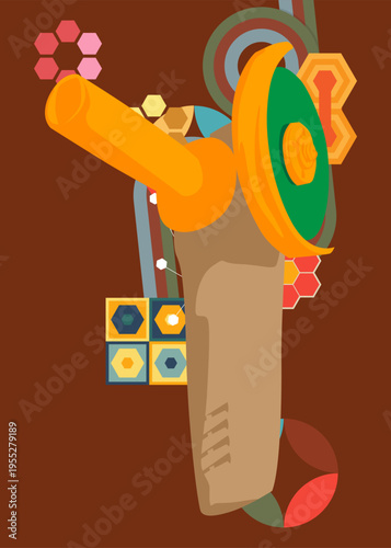Retro 70s Background with Angle grinder. Groovy Power Tool 1970s art template. Minimalistic Vintage design poster. Old-fashioned color artwork.