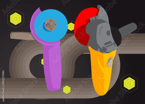 Retro 70s Background with Angle grinder. Groovy Power Tool 1970s art template. Minimalistic Vintage design poster. Old-fashioned color artwork.