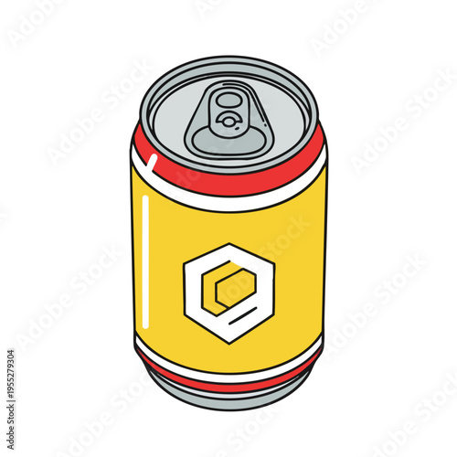 Yellow and red aluminum beverage can with a hexagonal logo