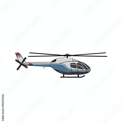 A blue and white helicopter with a tail rotor and landing skids