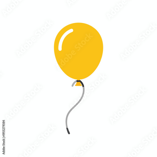 A single yellow balloon with a white highlight and grey string floats on white