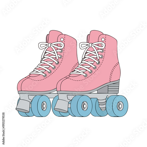 Classic pink quad roller skates with bright blue wheels and white laces