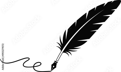 Solid silhouette vector icon of quill pen for writing, literature, poetry, education, vintage stationery, signature, author, creative art, history, calligraphy.