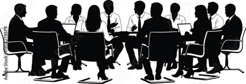 Solid silhouette vector of business meeting group, professional corporate team discussion in boardroom, teamwork collaboration and brainstorming, isolated