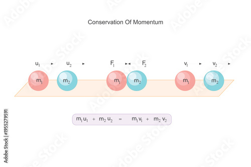 Conservation of momentum states that in an isolated system, total momentum remains constant before and after collision, with momentum only transferred between objects.Physics illustration.

