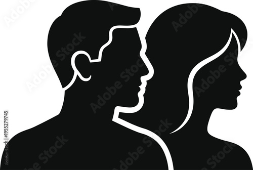 Solid silhouette vector man woman profile icon, minimalist black couple avatar, human head side view graphic, people person element, isolated on white background, user profile symbol