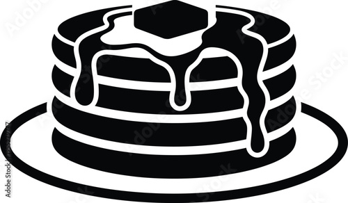 Solid silhouette vector of delicious pancakes stack with melting butter, maple syrup, breakfast food icon, minimalist flat design illustration, pancake, flapjack, hotcake, crepe.