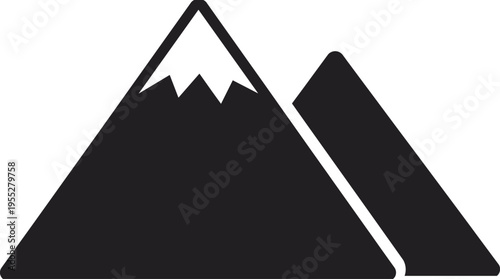 Solid silhouette vector mountain peaks icon, minimalist black nature landscape symbol, snow cap hill element, outdoor travel adventure graphic, isolated on white background, climbing hiking icon
