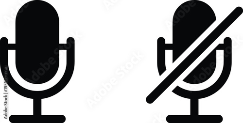 Solid silhouette vector microphone on and mute icons, minimalist black audio record symbol, podcast broadcast element, isolated on white background, professional voice communication graphic