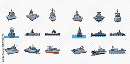 Set of various military ships and submarines in different views, vector illustration.