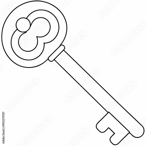 skeleton key with bit and shaft line art vector illustration on transparent background
