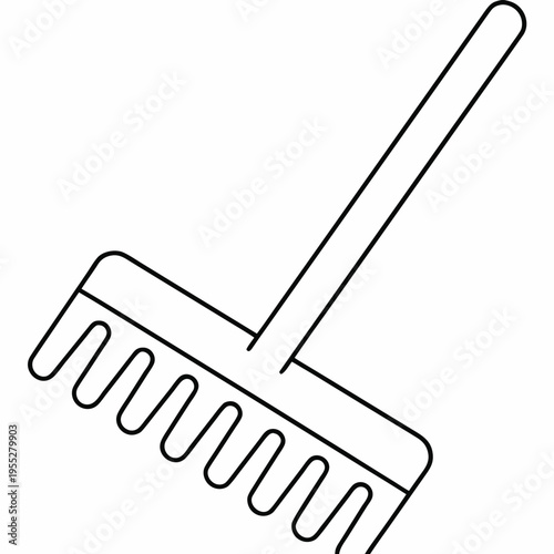 rake with wooden teeth line art vector illustration on transparent background