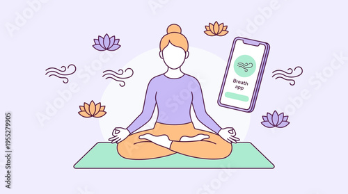 Woman meditating outdoors with breathing app on phone
