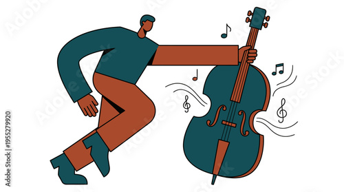 Modern illustration of a musician playing a cello with musical notes