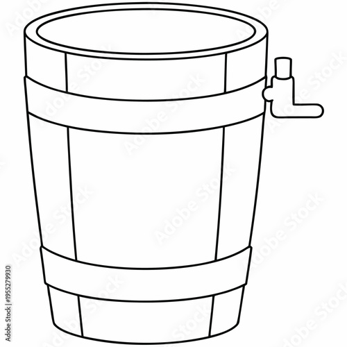rain barrel with spigot line art vector illustration on transparent background
