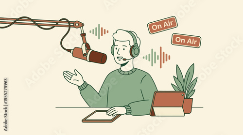 Podcasting Illustration - Man Speaking into Microphone with On Air Signs