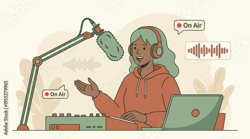 Smiling woman hosting a podcast show in a home studio, recording audio with professional equipment