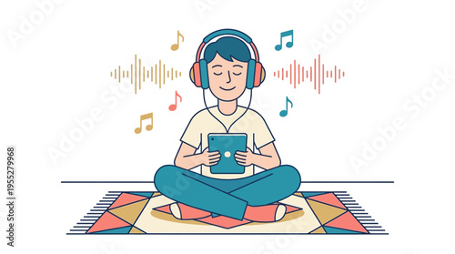 Serene individual enjoying music on a tablet, deeply immersed in the audio experience