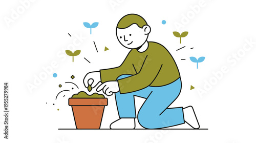 A dedicated individual actively sowing seeds in a planter, nurturing growth and life