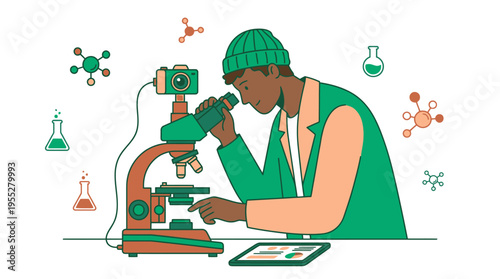 Young Black Man Studying Science with Microscope and Tablet