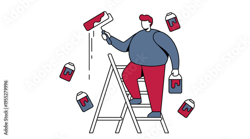 Man on ladder painting wall, surrounded by paint cans, symbolizing home improvement project