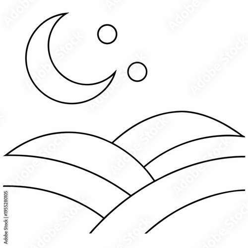 moonbeam casting over hills line art vector illustration on transparent background