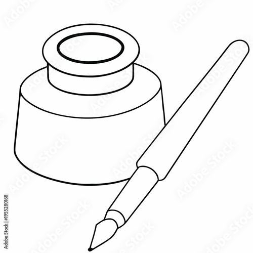 inkwell with dipping pen resting line art vector illustration on transparent background