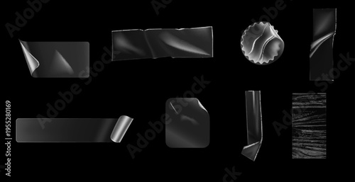 Transparent adhesive plastic tape pieces and cross for fixing isolated on transparent background. Crumpled adhesive plastic