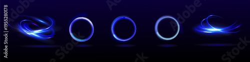 Neon swirl. Curve blue line light effect. Abstract ring background with glowing swirling background. Energy flow tunnel. Blue portal, platform. Magic circle vector.