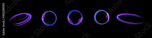 Abstract neon color glowing lines background. The energy flow tunnel. Set of neon blurry light circles at motion. Futuristic colorful podium