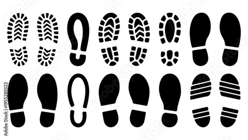 A collection of diverse shoe sole prints and footprints in black silhouette