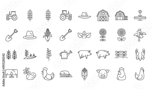Agriculture Line Art Icons Set — Farm Equipment and Crop Vector Bundle