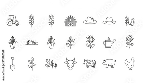 Agriculture Line Art Icons Set — Farm Equipment and Crop Vector Bundle