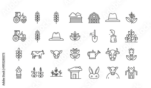 Agriculture Line Art Icons Set — Farm Equipment and Crop Vector Bundle