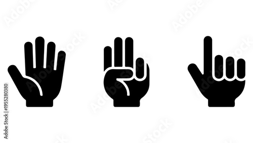 Three black hand silhouettes displaying different hand gesture symbols