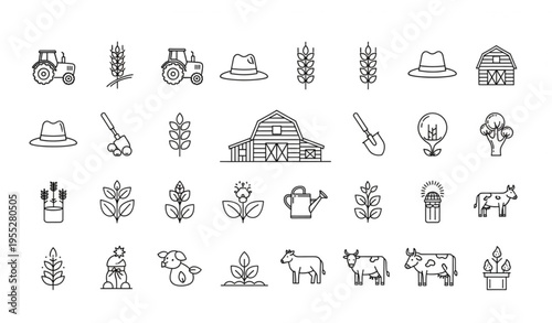 Agriculture Line Art Icons Set — Farm Equipment and Crop Vector Bundle