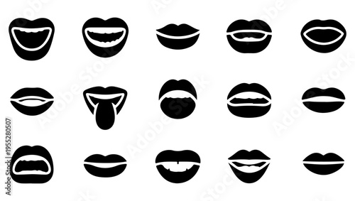A collection of diverse black silhouette mouth shapes and expressions