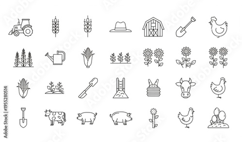 Agriculture Line Art Icons Set — Farm Equipment and Crop Vector Bundle